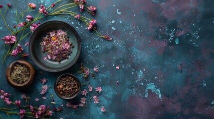 Dried flowers and herbs in ceramic bowls on a textured surface