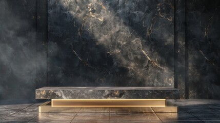 A dark marble podium with a golden base, illuminated by a single ray of light, creates a dramatic and luxurious backdrop.