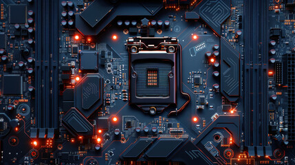 Fototapeta premium Detailed close-up of a computer motherboard, highlighting the intricate circuitry and components of modern technology.