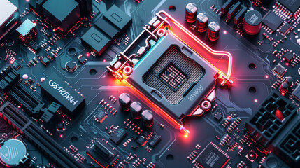 Close-up of a high-tech motherboard featuring illuminated red circuitry and components, showcasing modern computer hardware technology.