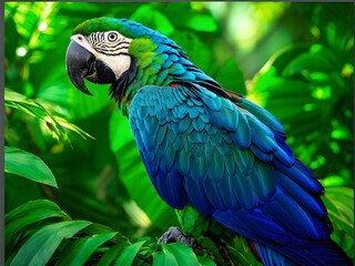 Fototapeta premium Colorful macaw parrot in the jungle. macaw parrot with colorful plumage and a long tail sitting on the tree branch. colorful parrot in the rain forest, wildlife and nature concept