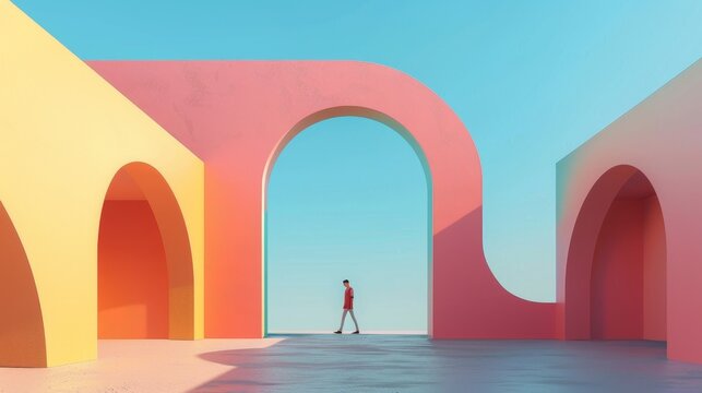 A lone figure walks through an abstract archway structure with colorful walls and a blue sky background.