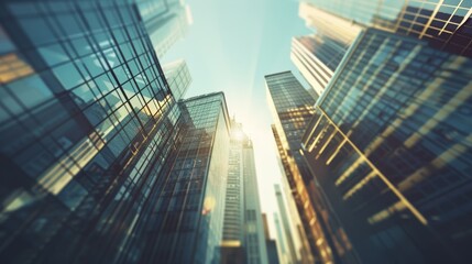 A low angle view of towering skyscrapers reaching towards a bright, sunlit sky.  The buildings reflect the light, creating a sense of urban grandeur and ambition.