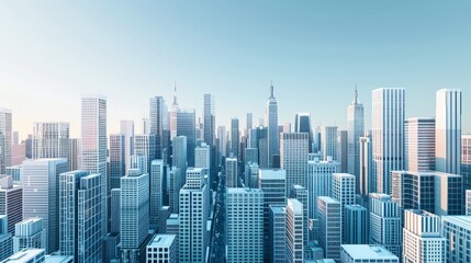 Obraz premium A panoramic view of a modern city skyline with tall buildings reaching towards a clear blue sky.