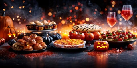 Naklejka premium A festive Halloween table setting with pumpkins, pies, and wine.