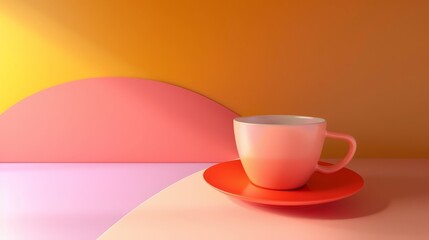 A red coffee cup and saucer on a pink and yellow background.