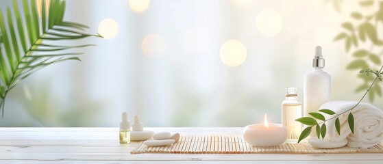 Image of a serene spa setting with essential oil bottles, a lit candle, and smooth pebbles, arranged on a bamboo mat with soft lighting