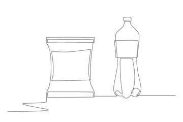 Snacks and soft drinks. Fast food concept one-line drawing