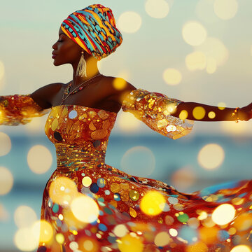 african woman in the traditional dress dancing on the beach at sunset//travel magazine/cover/poster