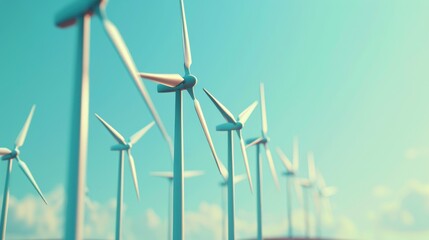 A row of wind turbines stand tall against a blue sky, representing clean and sustainable energy.