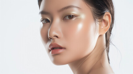 Naklejka premium Asian Woman in Minimal Makeup with Soft Golden Highlights