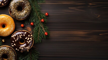 Fresh donuts, fir branches and citrus fruits on a dark background. Festive mood. Happy New Year concept