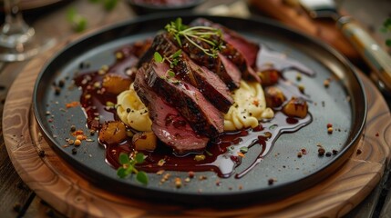 Roasted venison fillet with spatzle and chocolate red wine sauce on Nordic plate