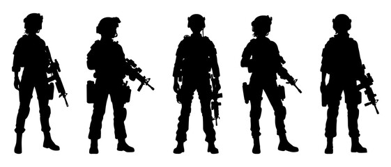 Female soldiers in action silhouette black filled vector Illustration icon