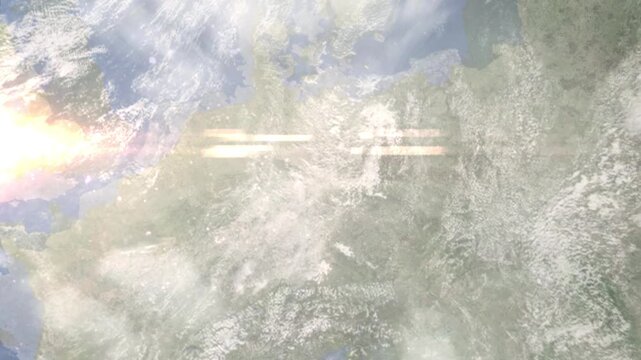 Earth zoom in from space and focus on Leipzig, Germany. Background for travel intro or blog. Satellite view. 3D style Animation. Images from NASA.