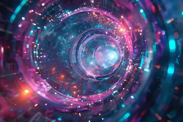 A tunnel filled with holographic shapes expanding and contracting amidst vibrant, colorful lights, Holographic shapes expanding and contracting in a digital void