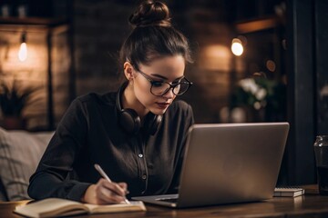A young female freelance businessman in glasses and headphones is working on a laptop or shopping in an online store. The woman is writing something in a notebook.