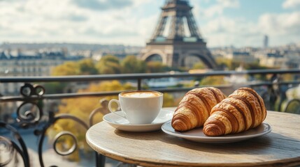 A cup of coffee with croissants with the Eiffel Tower in the background
