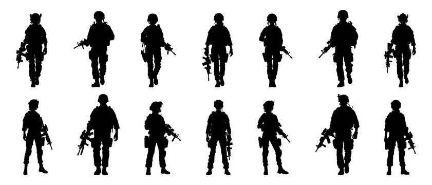 Female soldier with gun in action silhouette black filled vector Illustration icon
