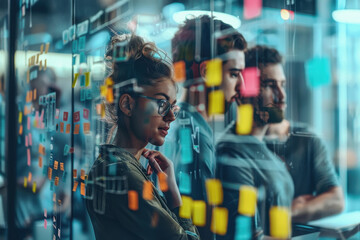 Office team looking notice on glass wall