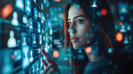 Focused woman using touch screen digital interface, surrounded by futuristic icons and data representations in a tech environment.