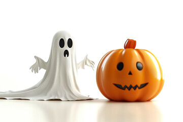 Charming Halloween scene with a ghost figure and smiling pumpkin on a clean white background.