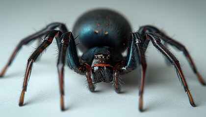 Fototapeta premium Black widow spider on white background, high detail, centered composition, minimalist and striking