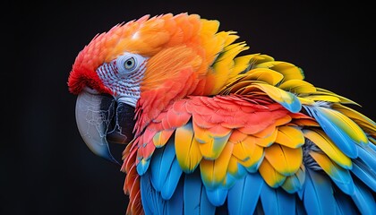 Obraz premium Closeup of a colorful parrot with vibrant feathers, dark background
