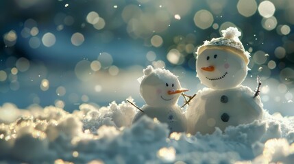 Obraz premium Snowman family in the snow with bokeh background, Merry Christmas and Happy New Year