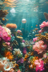 Fototapeta premium Coral reef with floating pearl, underwater scene, colorful corals, dreamy lighting