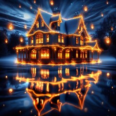 Obraz premium A magical winter scene with a glowing house and floating lights reflected in a frozen lake.