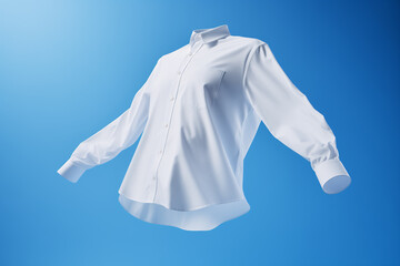 White shirt with ghost model floating in blue background. Snow-white shirt flies in the sky. Perfectly white clothes after washing, without human body. Bleach, laundry, dry. Mockup