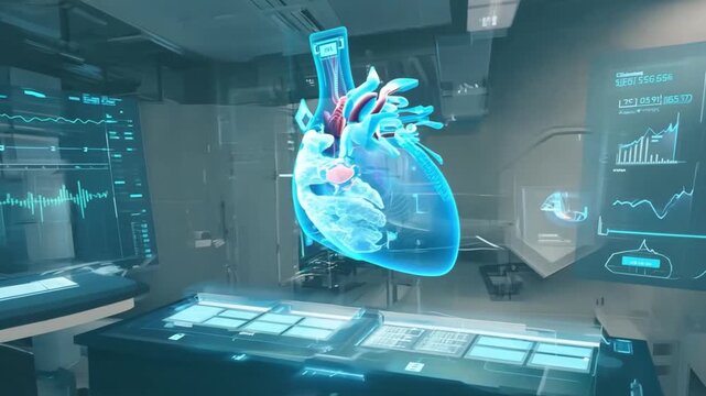 A holographic heart model is showcased in a high-tech lab, illustrating detailed human anatomy and medical technology advancements.