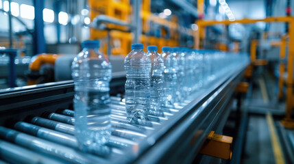 Naklejka premium Plastic water bottles moving on a conveyor belt in a manufacturing plant, highlighting production and packaging processes.