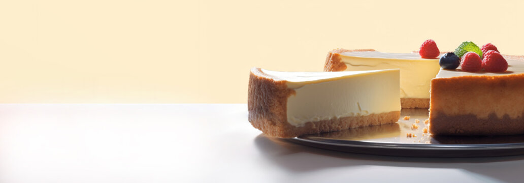 Fresh cheesecake with fruits, berries on wooden table. Piece of dessert with caramel sauce. AI generated.