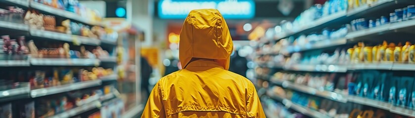 Fototapeta premium Person in a yellow jacket shopping in a supermarket