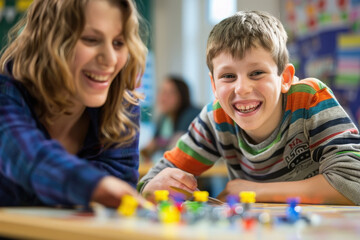Happy autism boy during therapy with school counselor