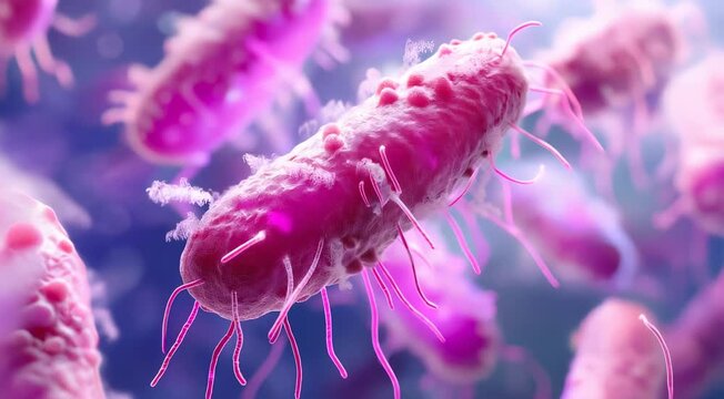 Highly magnified view of rod-shaped bacteria with flagella in vivid pink and purple colors.