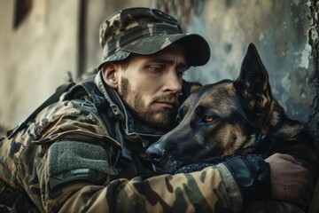 A soldier in camouflage uniform embraces his loyal dog in a touching moment of connection, Honoring the commitment and loyalty of our veterans