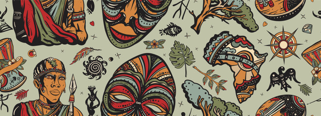 Naklejka premium Africa seamless pattern. African maasai warrior, tribal mask, kalimba, map. Ethnic tribe man. Tradition and culture background. Tattoo art
