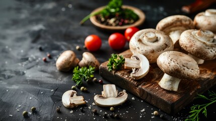 Fresh mushrooms and vegetables on a dark rustic background