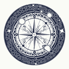 Compass and universe. Tattoo. Symbol of outdoors, travel, tourism, dreams. T-shirt design art