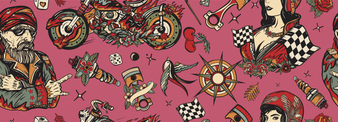 Bikers.  Old school tattoo background. Lifestyle of racers. Seamless pattern. Pin up moto girl, bearded biker man, burning chopper motorcycle, race flag, rider sport woman © intueri