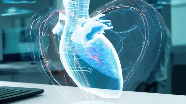 A researcher in a lab observes a holographic heart model while engaging with digital data on advanced technologies.