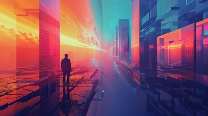 A lone figure walks down a futuristic street, bathed in vibrant neon light. The city is filled with towering buildings and reflective surfaces.