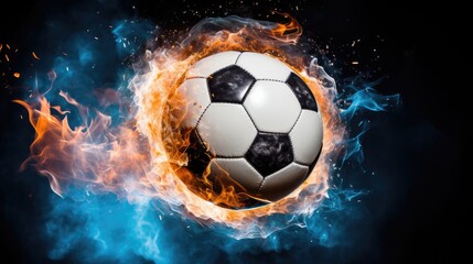 Fototapeta premium Dynamic Soccer Ball in Fiery and Icy Elements, Symbolizing Intense Energy and Passion for the Sport
