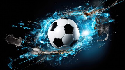 Fototapeta premium Dynamic Soccer Ball with Explosive Energy and Blue Lightning Effects on Black Background