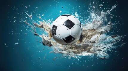 Naklejka premium Dynamic Soccer Ball Impact with Water Splash on Blue Background Capturing Motion and Energy