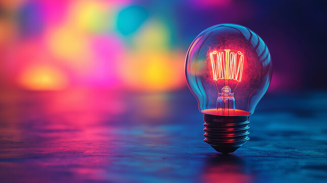 Erleuchtung mit Gl&uuml;hbirne Gl&uuml;hlampe f&uuml;r Innovation neon leuchtende Farben Symbol Idee besonders Kreativ Generative AI
