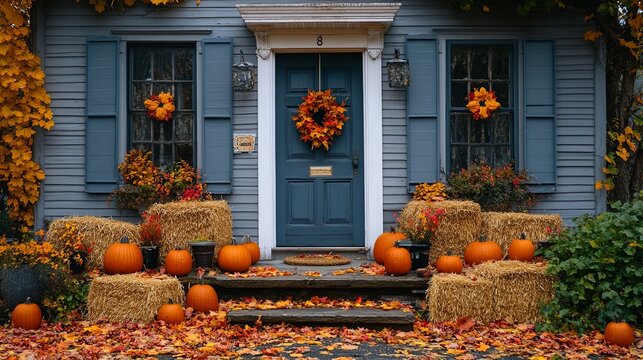 Welcoming House Entrance Adorned with Autumn Decor